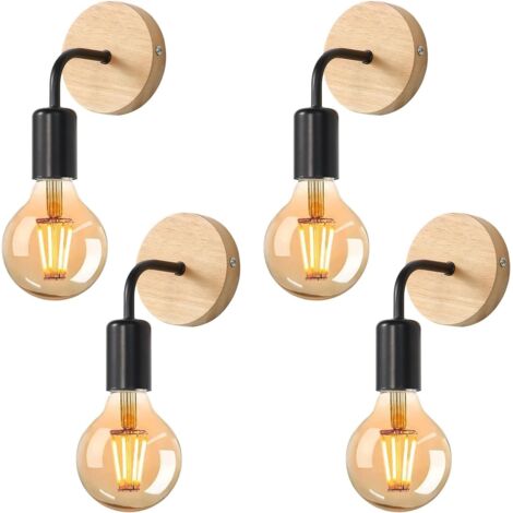 Applique Murale Bois - Lot de 4 - Métal et Bois - Style Industriel - E27 60W Max - Salon Chambre Couloir Noir