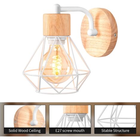 Applique Murale Cage en Métal Vintage Rétro Lampe Murale E27 Bois Industrielle Lampe de Mur Lampe de Chevet pour Chambre, Salon, Escalier, Couloir Blanc