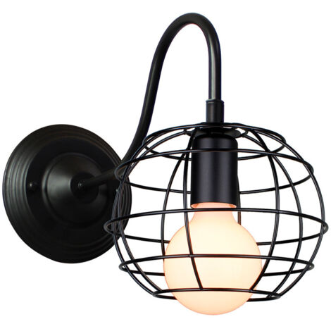 Applique Murale Cage Métal E27 Luminaire Eclairage Décoration Applique Lampe avec Abat-jour Rond pour Cuisine Salon Chambre Noir - 1 Pack