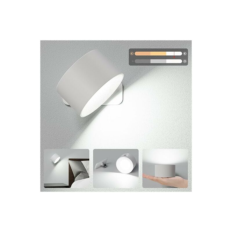 L&h-cfcahl - Applique Murale Chambre,3 Luminosité Lampe Murale Sans Fil avec Lumière Chaude/Naturelle/Blanche,Commande Tactile Luminaire