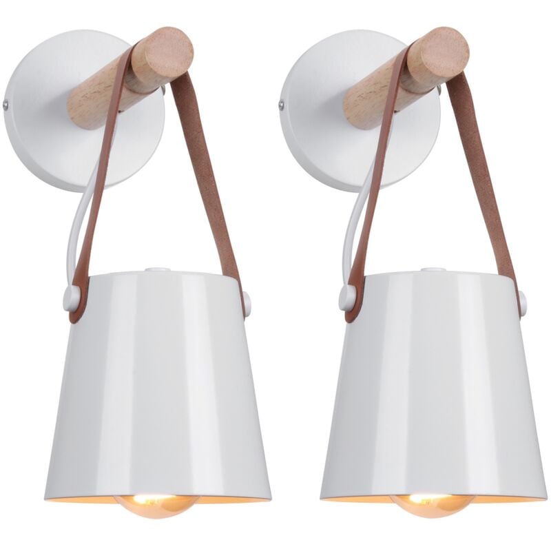 Applique Murale Créative Moderne Lampe Murale Abat-jour en Bois et Fer E27 pour Chambre Chevet Salon Café 2pcs Blanc