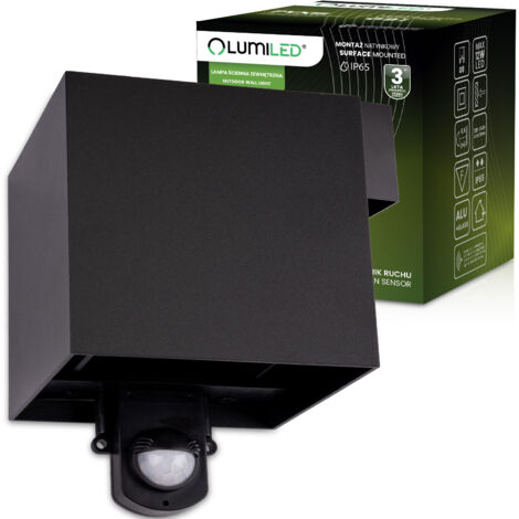 Applique murale de jardin LED G9, façade orientable haut/bas, détecteur PIR, noire, PYXIS LUMILED