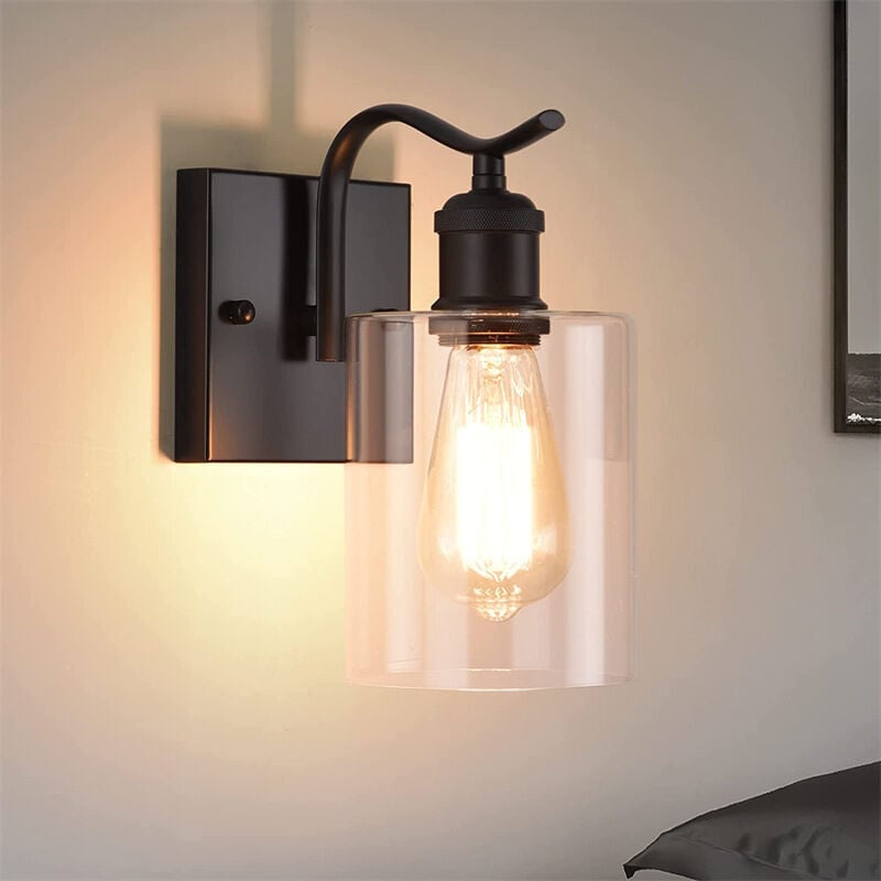 Applique murale noire pour salle de bain, tête unique avec abat-jour en verre coudé, lampe murale d'intérieur de style rétro adaptée pour industriel,