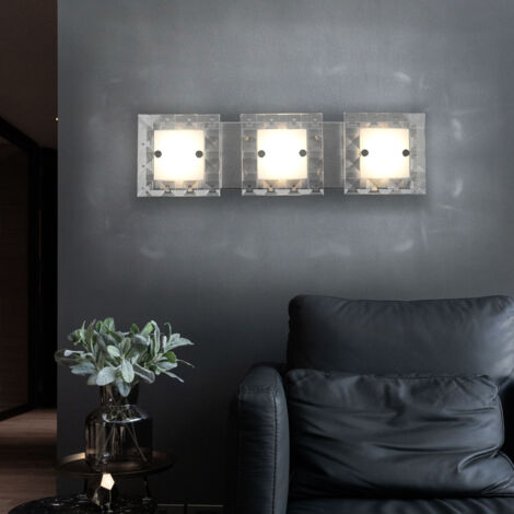 Applique murale design pour salon, cristaux de verre, aluminium argenté satiné, 3 LED 5 watts 500 lumens blanc chaud, L x l x H 42 x 12 x 6,5 cm