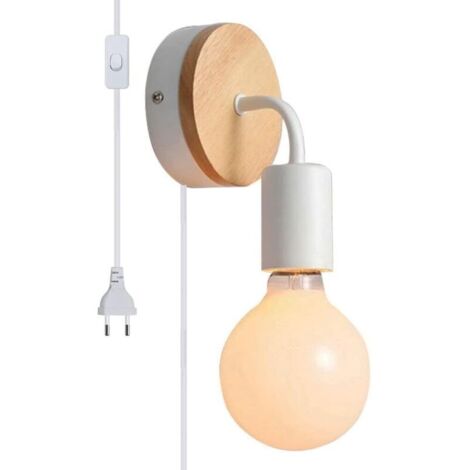 Applique murale design rétro industriel avec interrupteur 1.8M corde, Lampe de mural en bois et métal douille E27 éclairage salon chambre,Blanc