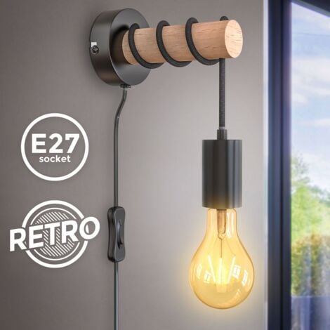 Applique murale design rétro industriel bois & métal éclairage salon & chambre douille E27 interrupteur câble