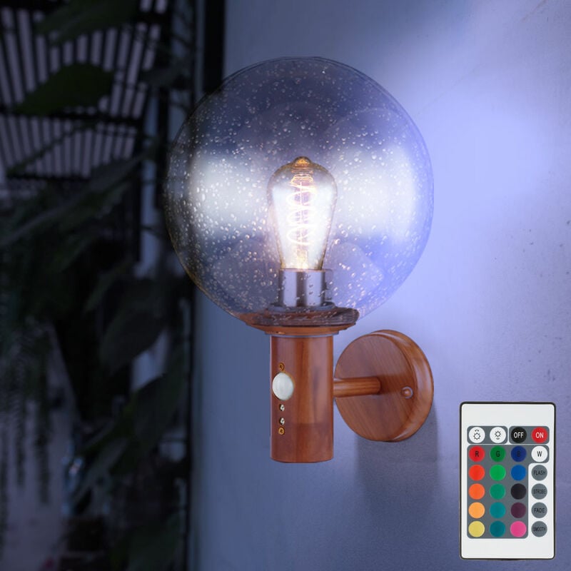 Applique murale d'extérieur avec détecteur de mouvement, lampe de jardin en acier inoxydable, télécommande dimmable, boule de verre aspect bois, 1x