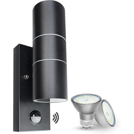 Applique murale d'extérieur avec détecteur de mouvement PIR LED IP44 en Noir avec 2 ampoules GU10 5 W Blanc chaud/3000k