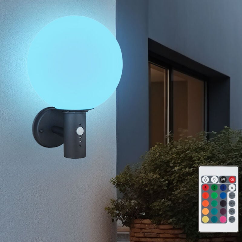 Applique murale d'extérieur boule de verre avec détecteur de mouvement, éclairage de jardin en acier inoxydable, télécommande dimmable, led rgb 8,5W