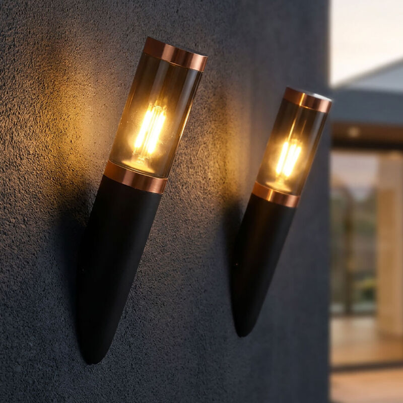 Applique murale d'extérieur en acier inoxydable jardin Lupfer applique murale fumée torche extérieur, fumée noire, 1x E27, LxH 7,6x41 cm, 2e set