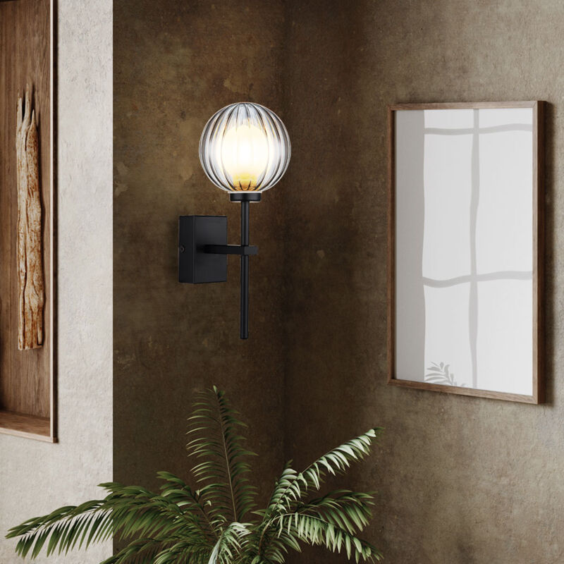 Applique murale d'extérieur lampe de terrasse noire boule en verre fumé h 26 cm