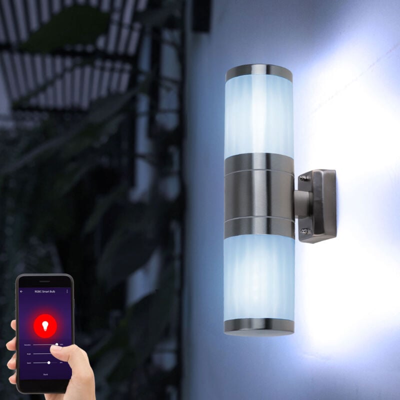 Applique murale d'extérieur Up Down en acier inoxydable contrôlable via une application pour téléphone portable en tant qu'ensemble comprenant des