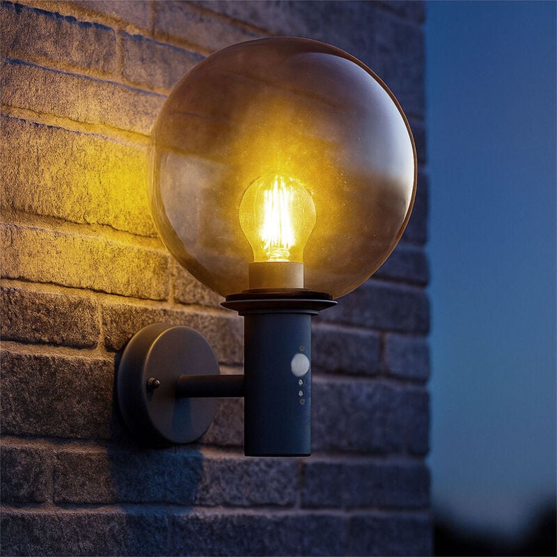 Applique murale d'extérieur applique murale led avec détecteur de mouvement lampe de façade, boule de verre fumée en acier inoxydable anthracite, 7W