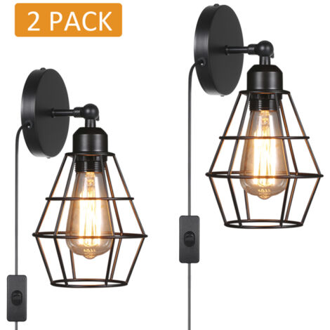 Applique murale d'intérieur style vintage, 220-240 V CA, culot E27 avec interrupteur, pour chambre, salon, véranda, couloir (lot de 2, ampoule non incluse)