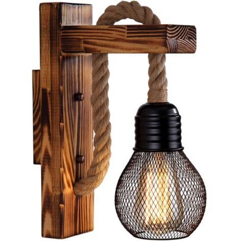 Applique murale d'intérieur vintage, abat-jour rétro en corde de chanvre E27 avec poutres en bois, applique murale d'intérieur avec interrupteur pour chambre à coucher, couloir (ampoule non incluse)