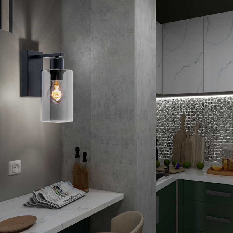 Globo Lighting - Applique murale d'intérieur vintage, spot mural industriel noir, couleur fumée, cylindre de style rétro, métal noir verre mat, 1x