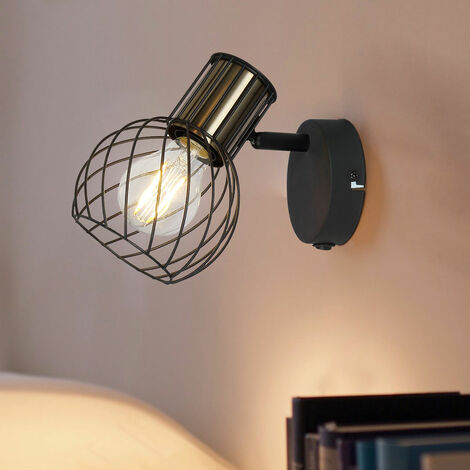 Applique murale dorée Cage Lampe de salon avec spot mobile, métal noir, 1x E27, LxH 12x16,5 cm