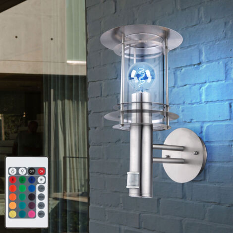 Applique murale en acier inoxydable détecteur de mouvement éclairage extérieur lanterne murale applique éclairage de façade avec détecteur de mouvement, télécommande dimmable, 1x LED RGB 9W, H 36 cm