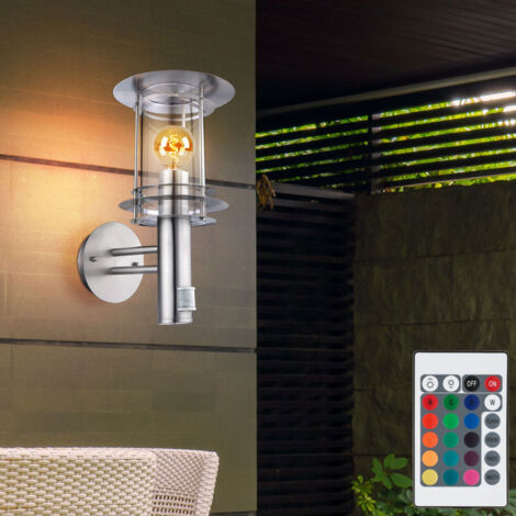 Applique murale en acier inoxydable détecteur de mouvement éclairage extérieur lanterne murale applique éclairage de façade avec détecteur de mouvement, télécommande dimmable, 1x LED RVB 3,5W, H 36cm