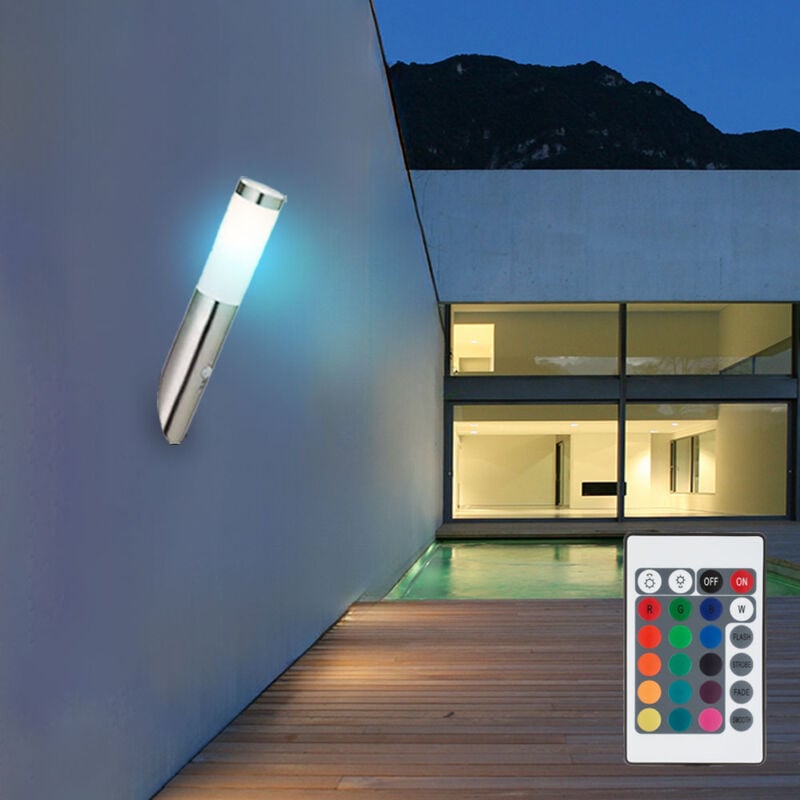 Applique murale en acier inoxydable torche murale extérieur maison détecteur de mouvement, télécommande dimmable, 1x led rgb 8,5W 806Lm blanc chaud,