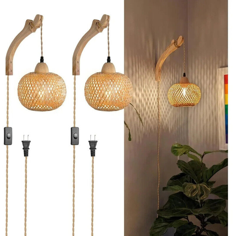 Applique murale en bambou tressé avec câble d'alimentation de 3 m, idéale pour le salon, la chambre ou une maison de campagne rustique.