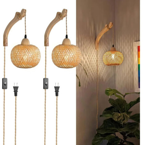 Applique murale en bambou tressé avec câble d'alimentation de 3 m, idéale pour le salon, la chambre ou une maison de campagne rustique.