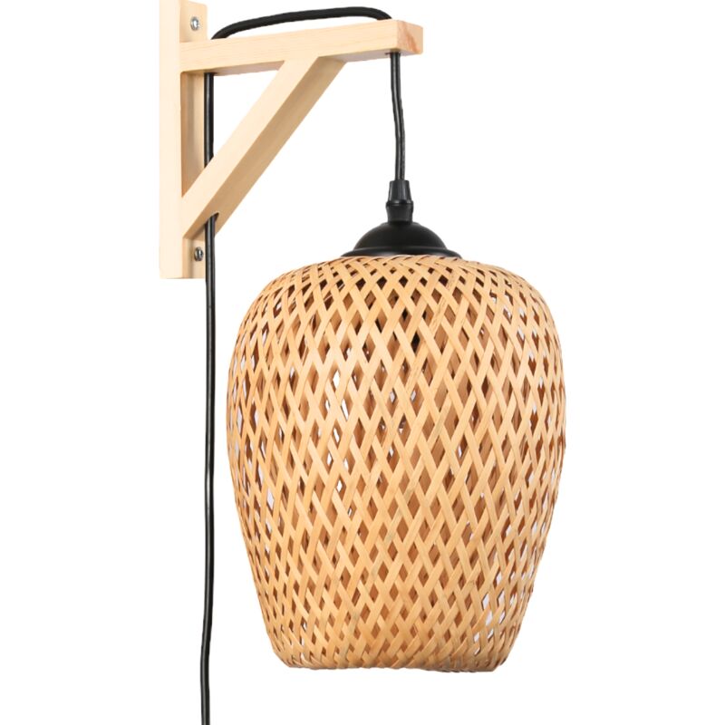 Barcelona Led - Applique murale en bois 'Alan' avec abat-jour en osier et câble boho chic