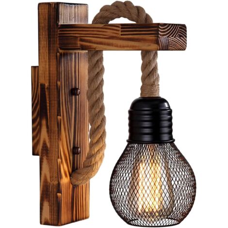 Applique murale en bois avec corde en chanvre, applique murale rétro LED E27, pour salon, table de chevet, couloir, café ou bar (ampoule non incluse)