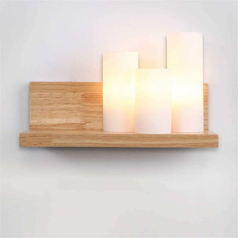 Applique Murale en Bois Moderne Applique Murale Intérieur en Bois Massif Vintage LED Lampe E27 * 3 Rétro avec Abat-Jour en Verre Applique Lumière