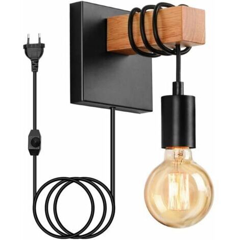 Applique murale en bois noir vintage E27 – Interrupteur rotatif – Hauteur 16 cm – Pour salon, chambre, café, bar