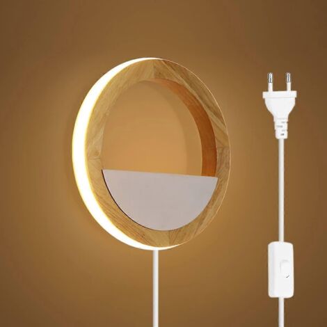 Applique murale en bois pour enfants avec interrupteur, lampe murale LED ronde d'intérieur en bois, 3 couleurs, intensité variable, idéale pour chambre, salon, bureau, couloir ou chambre de bébé.