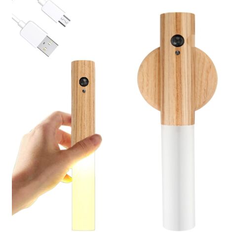 Applique Murale en Bois, Veilleuse d'intérieur avec détecteur de mouvement, Applique Murale à Batterie Magnétique Rechargeable Sans fil avec Interrupteur pour Chambre, Couloir, Escalier (Frêne - 1 Pc)