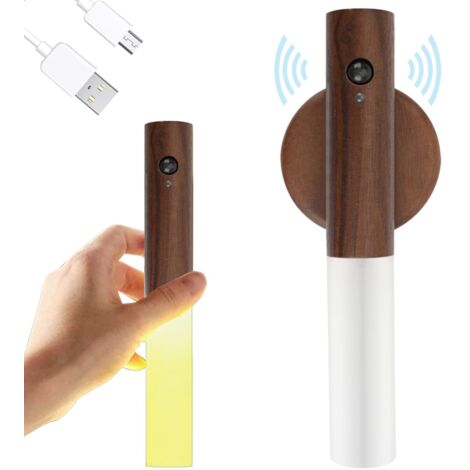 Applique Murale en Bois, Veilleuse d'intérieur avec détecteur de mouvement, Applique Murale à Batterie Magnétique Rechargeable Sans fil avec Interrupteur pour Chambre, Couloir, Escalier (Noyer - 1Pc)