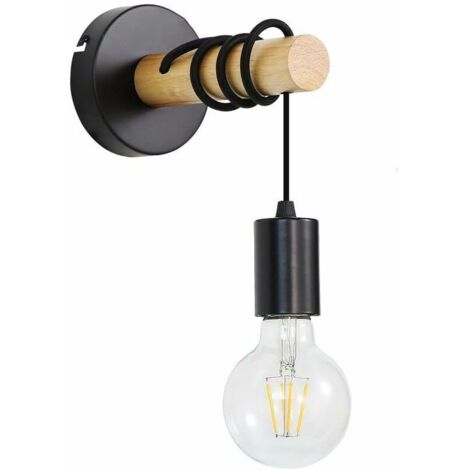 Applique Murale En Bois Vintage, Applique Rétro Industrielle, Lampe Murale Suspendue À Base Ronde En Métal, Éclairage Mural Noire Intérieur E27 (Sans Ampoules)