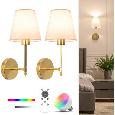 Applique murale en couleur cuivre lot de 2 avec ampoule rechargeable télécommandée, trois couleurs de lumière (télécommande incluse)
