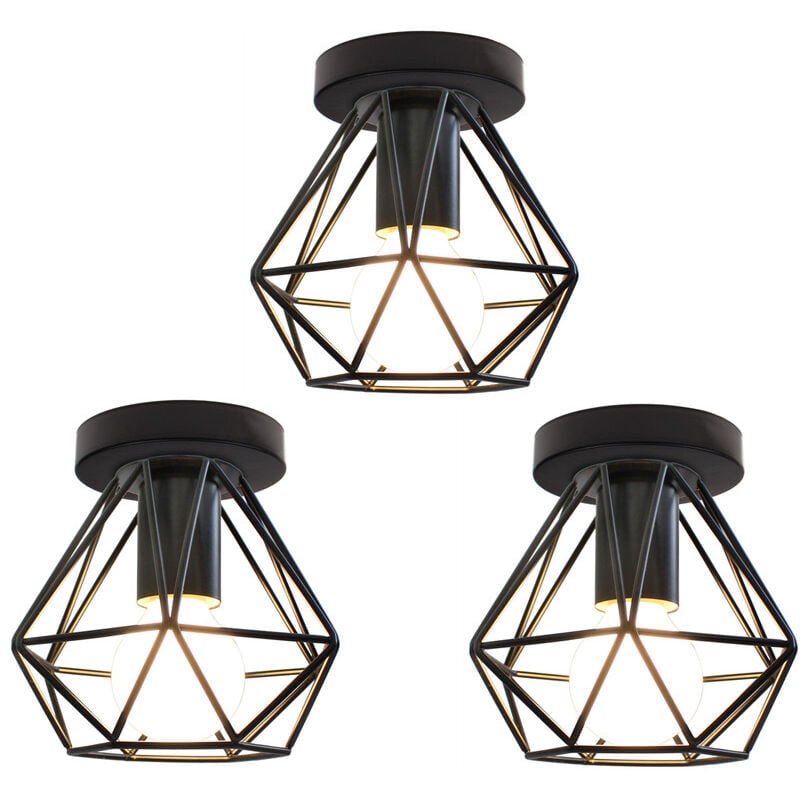 Wottes - Plafonnier Industriel Lampe Suspension Luminaire Forme Diamant en Métal E27 Ø16CM Noir pour Chambre Salon Bar - 3Pcs