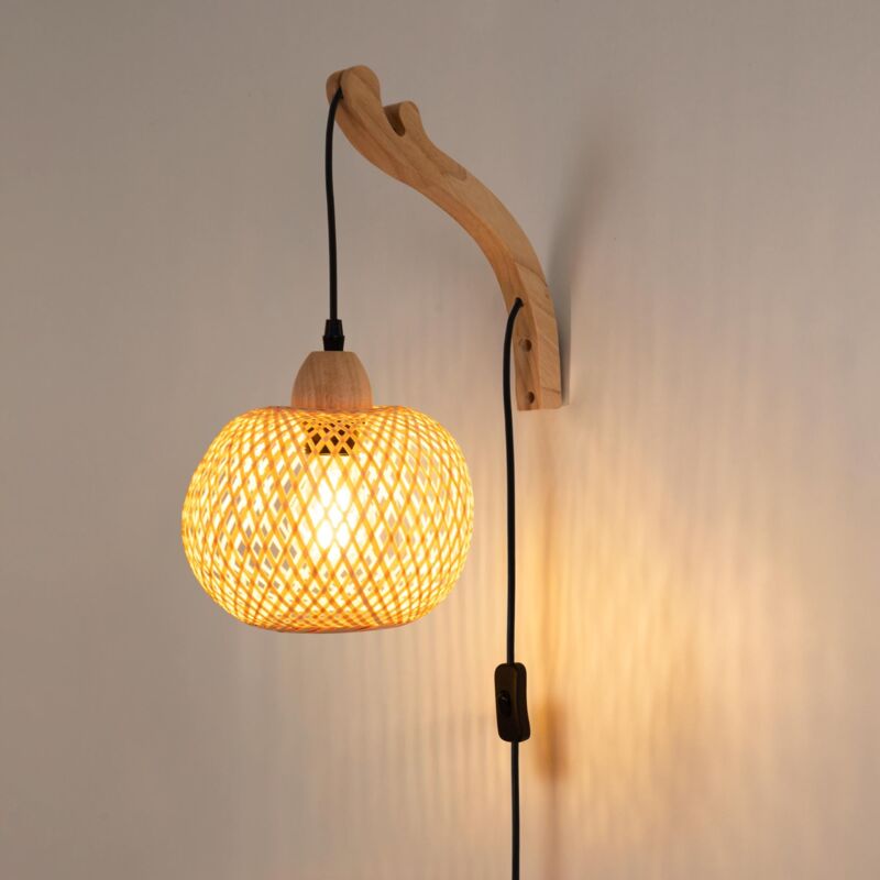 Applique murale en osier et bois "Phuket" - Avec câble et prise boho chic