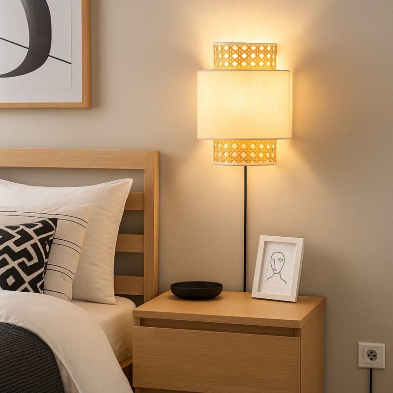 Barcelona Led - Applique murale en osier et tissu 'hans' - E27 - Interrupteur et boho chic