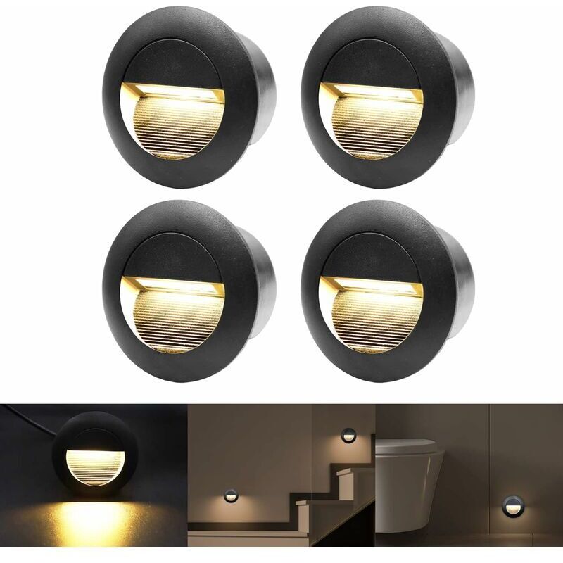 Applique murale encastrée 3 W, blanc chaud, marches d'escalier en aluminium étanche, 230 V, noir (Ensemble de 4)