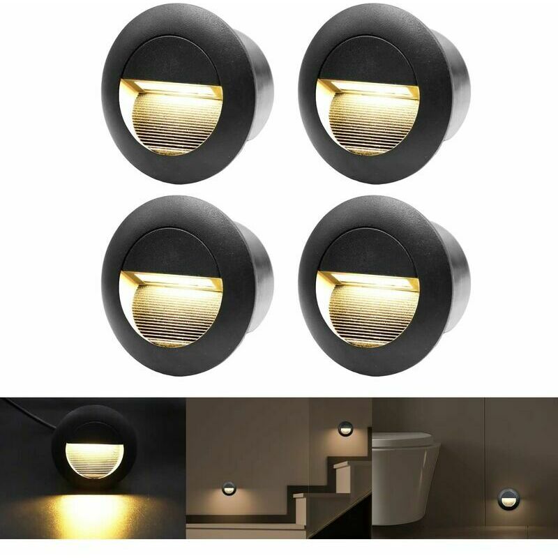 Applique murale encastrée 3 W, blanc chaud, marches d'escalier en aluminium étanche, 230 V, noir (Ensemble de 4) thsinde