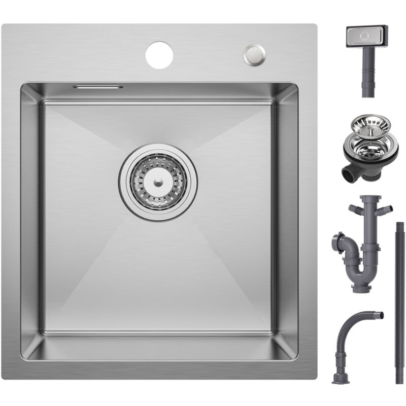 Evier Cuisine 1 Bac 404519CM - Évier Inox Brossé 1 Cuve avec Siphon et Trop-Plein - Évier de Cuisine Montage à encastrer ou à Fleur de Plan