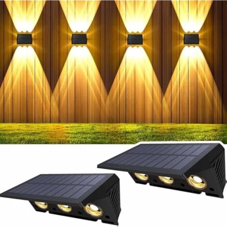Applique Murale Exterieur Solaire Haut & Bas Lampe Solaire Exterieur Puissante Blanc Chaud LED Eclairage Exterieur Solaire Étanche IP67 Sans fil pour Clôture Jardin 2 Articles