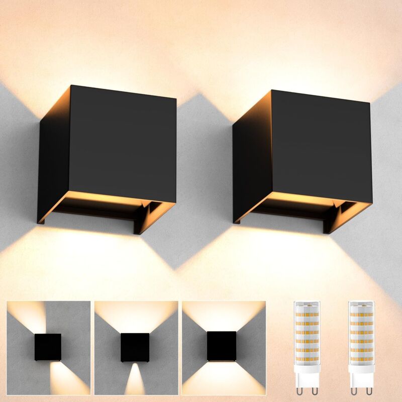 Applique Murale Exterieur/Interieur 2 Pièces, Applique Murale Ampoules G9 Remplaçables LED Murale Lampe IP65 Étanche 3000K Blanc Chaud Réglable Lampe