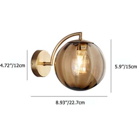 Applique murale globe en verre ambré, Sphère en verre ambré avec base dorée, Lampe murale de chevet (Ambre)