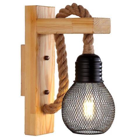 Applique murale industrielle à Led en corde de chanvre/lampe en bois, E27 Baseblack
