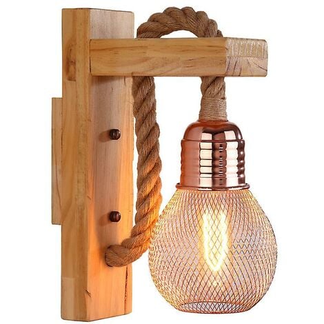Applique murale industrielle à Led en corde de chanvre / Lampe en bois, E27 Basepink