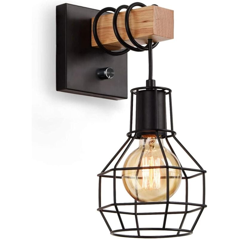 Applique murale industrielle d'interieur,cage vintage dimmable avec interrupteur,e27 noir (sans ampoule)