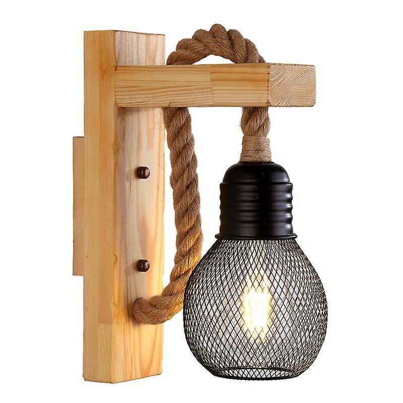 Gotrays - Applique murale industrielle à Led en corde de chanvre/lampe en bois, E27 Baseblack