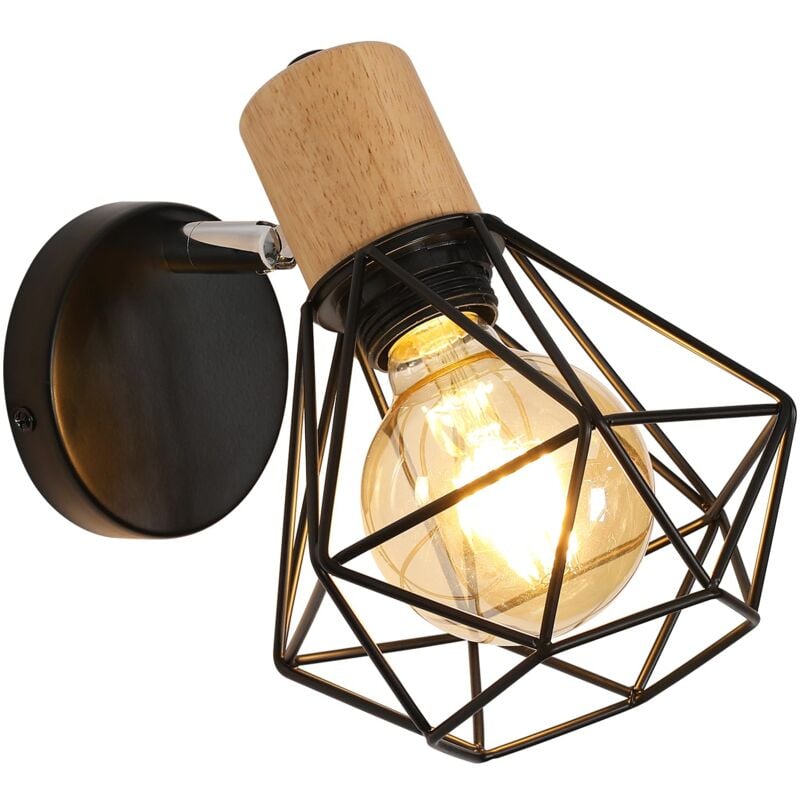 Beijiyi - Applique Murale Industrielle Vintage, Lampe Murale 360° Rotative en Bois, Lampe Cage E27 en Métal et Fer Noir pour Chambre à Coucher