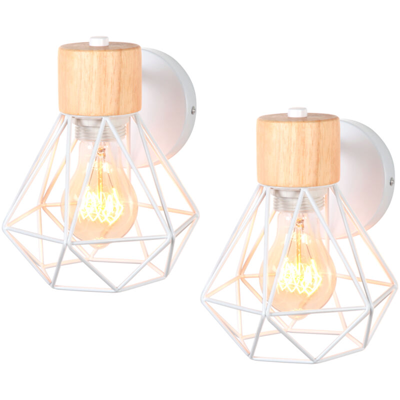 Applique Murale Industrielle Vintage Lampe Murale Fer Forgé Bois Éclairage Diamant Décoration E27 Blanc Ø15,5CM - 2Pcs